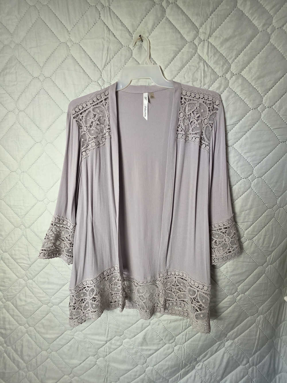 Ny Collection Lace Trim Open Front Kimono Cardigan Gray Sz XL